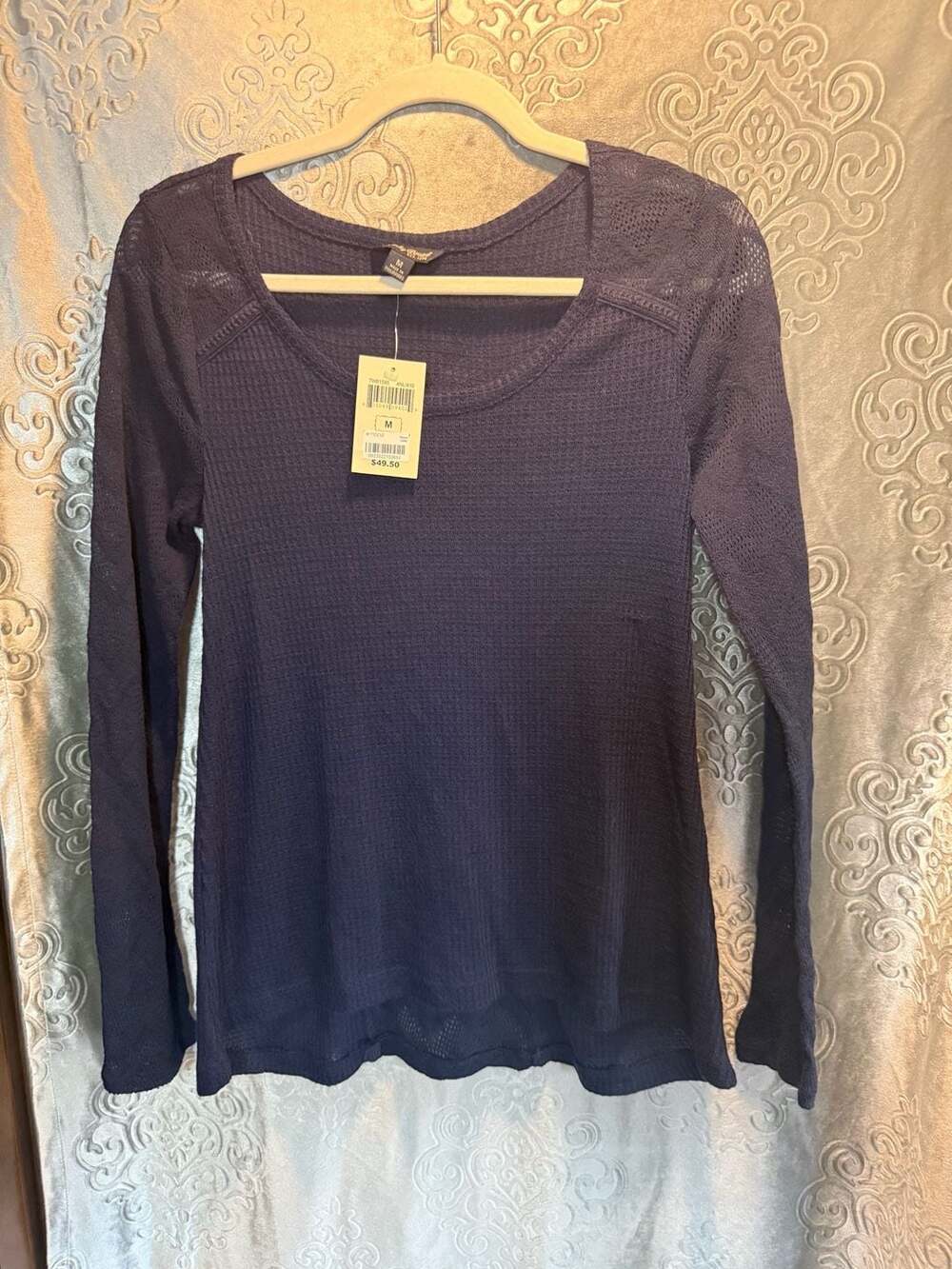 NWT Lucky Brand Navy Blue Waffle Knit Long Sleeve Top Size M
